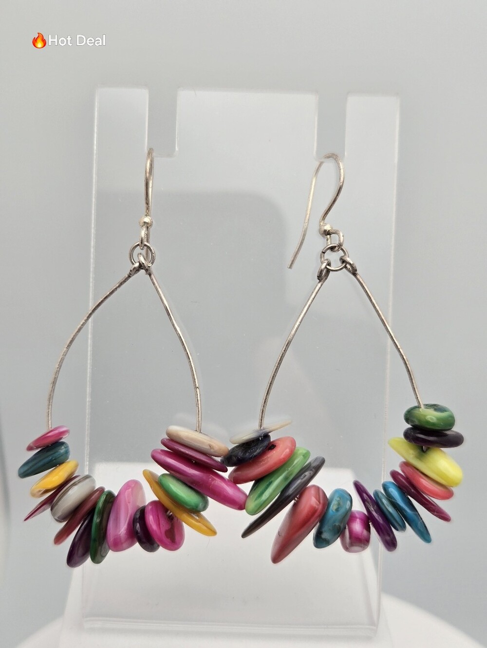 Multicolor Shell Triangle Dangle Earrings Purple Green 2.25" Handmade Boho